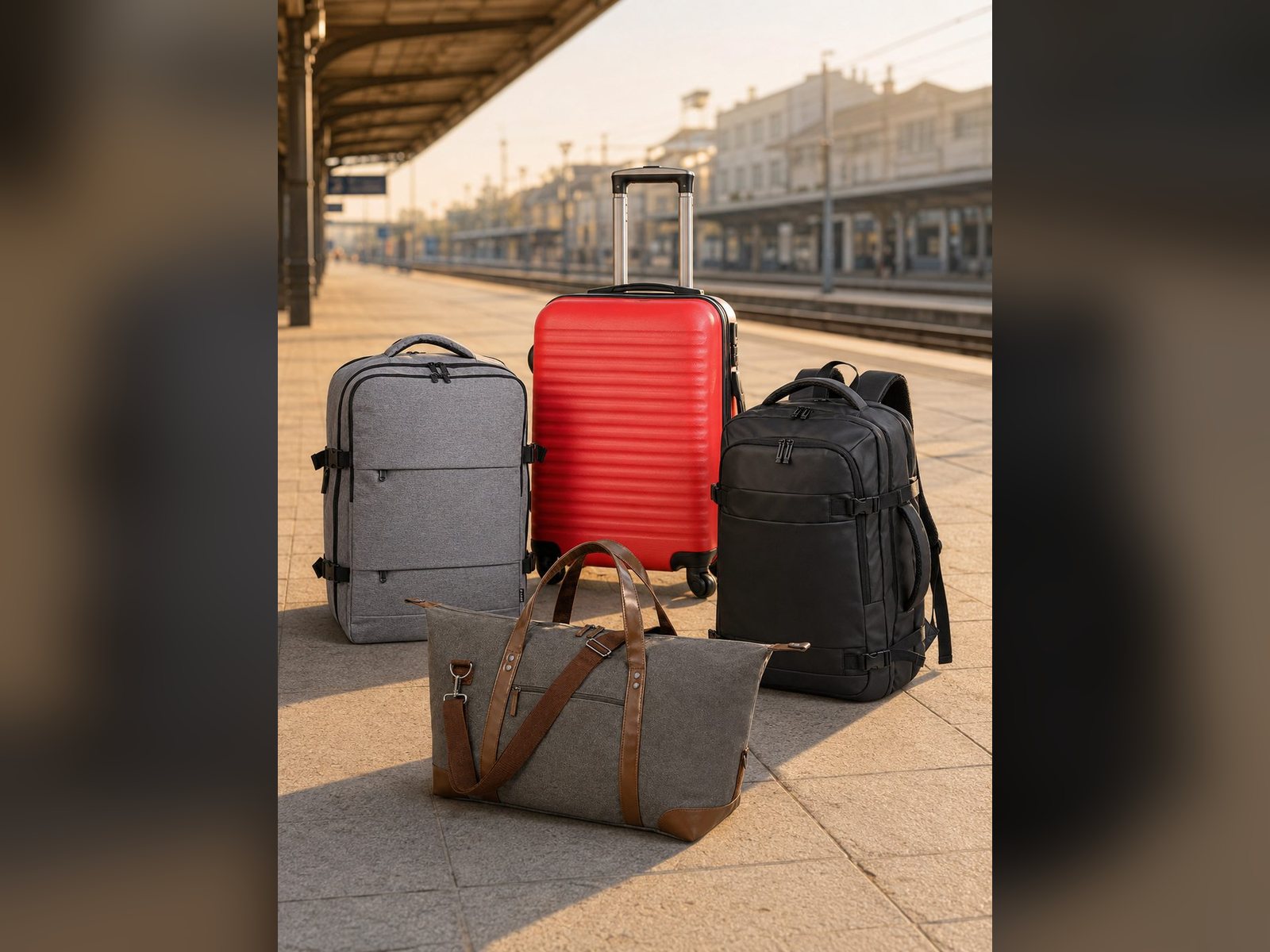 Colección completa de equipaje en una estación a luz dorada, generada con IA