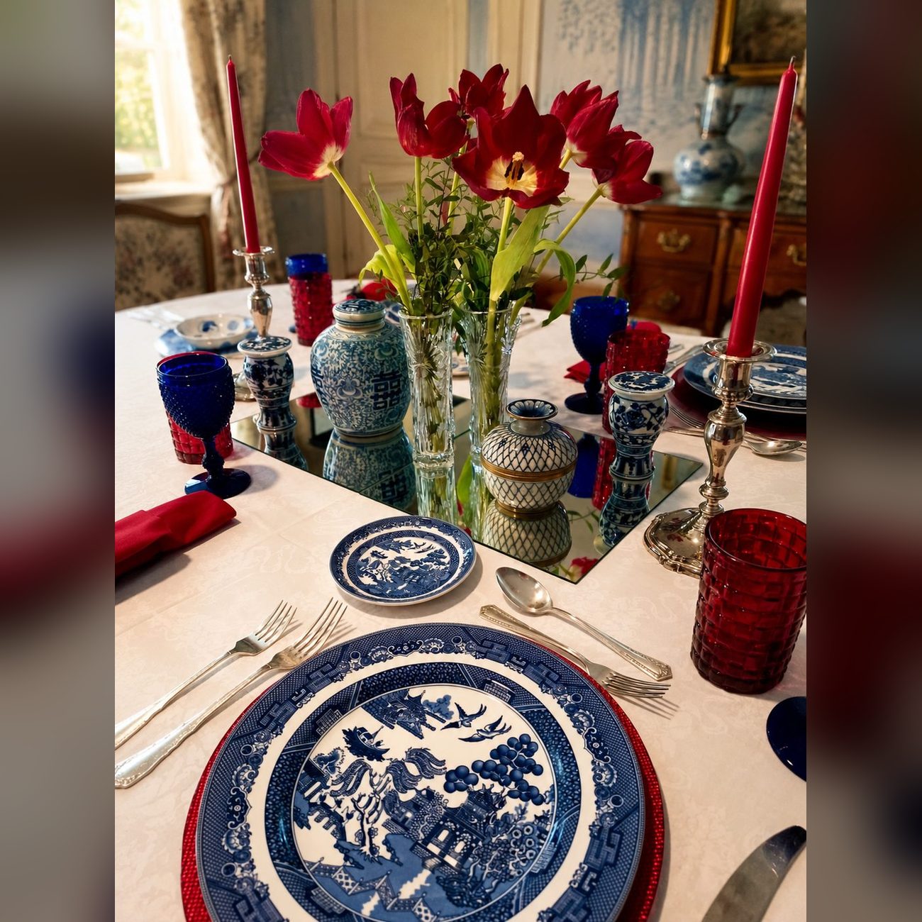 Los mismos platos en un comedor inglés con candelabros